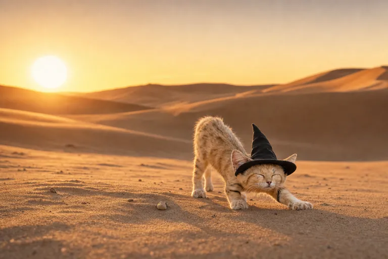 The sand kitten in the witch hat stretching on the sand at sunset.