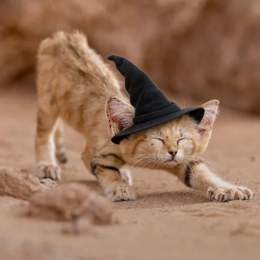 The sand kitten in the witch hat, close up.