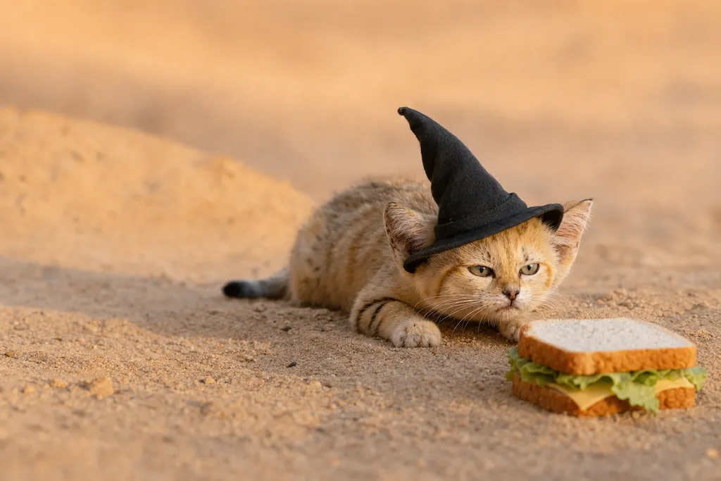 The sand kitten in the witch hat staring very seriously at a sandwich on the sand.
