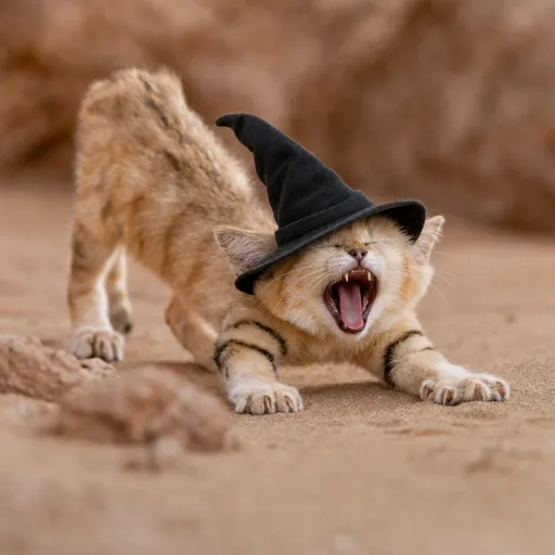 The sand kitten yawning in a big stretch, witch hat tilted on its head.