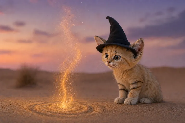 The sand kitten in the witch hat on the sand with tiny sparkles in the air.