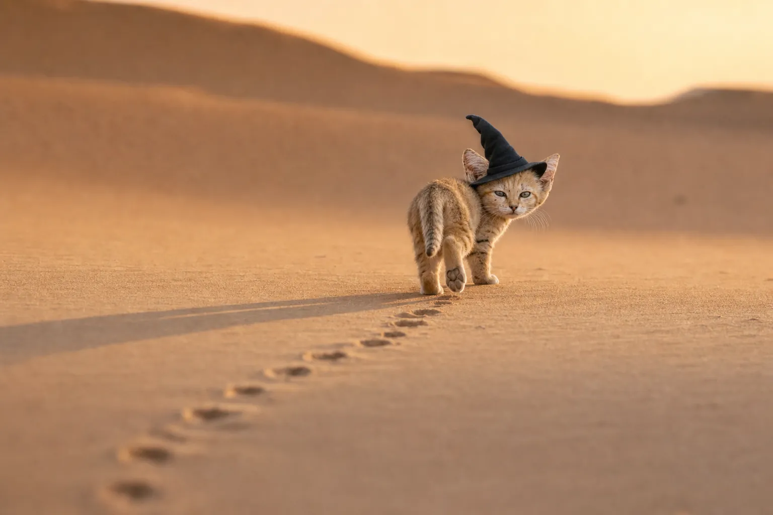 The sand kitten in the witch hat walking away over the sand, leaving tiny paw prints.